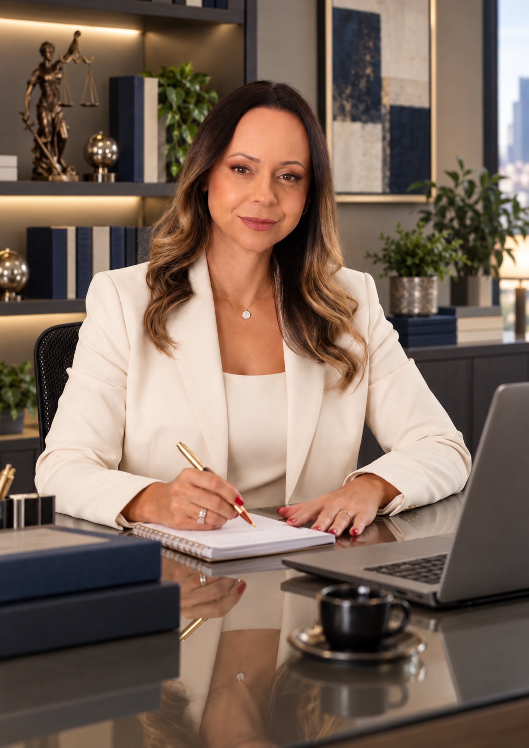 Rafaela Azam, advogada (OAB/SP 229.182), sentada à mesa de trabalho com caneta e caderno de anotações