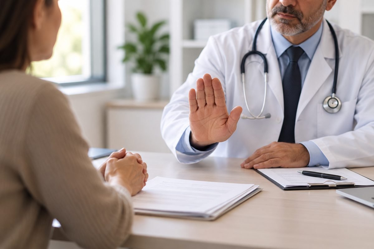 Médico sinalizando recusa diante de uma paciente